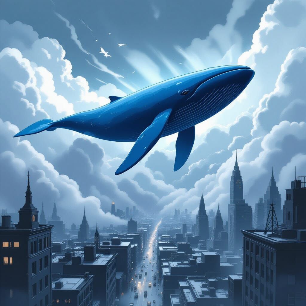 Blue Whale Soaring Over Monochrome Cityscape