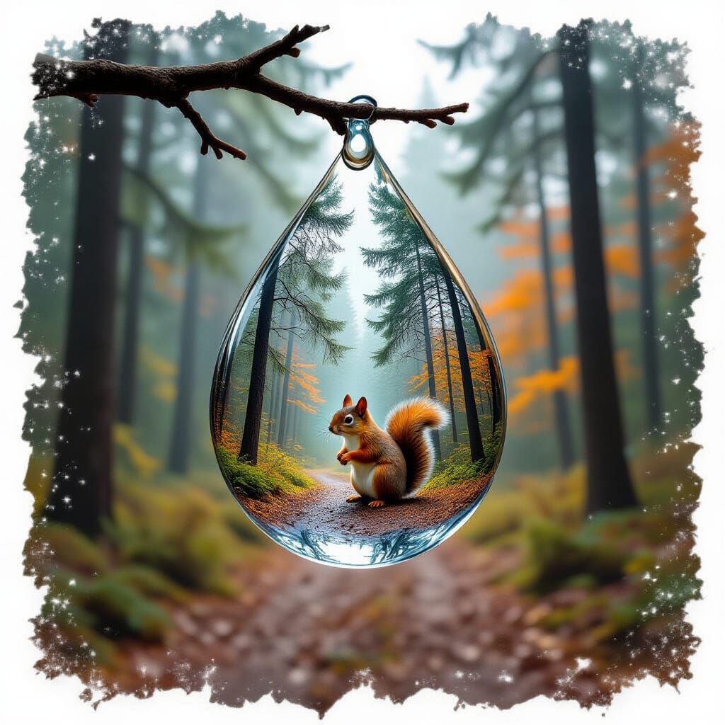 Double Exposure: Raindrop with Forest Squirrel