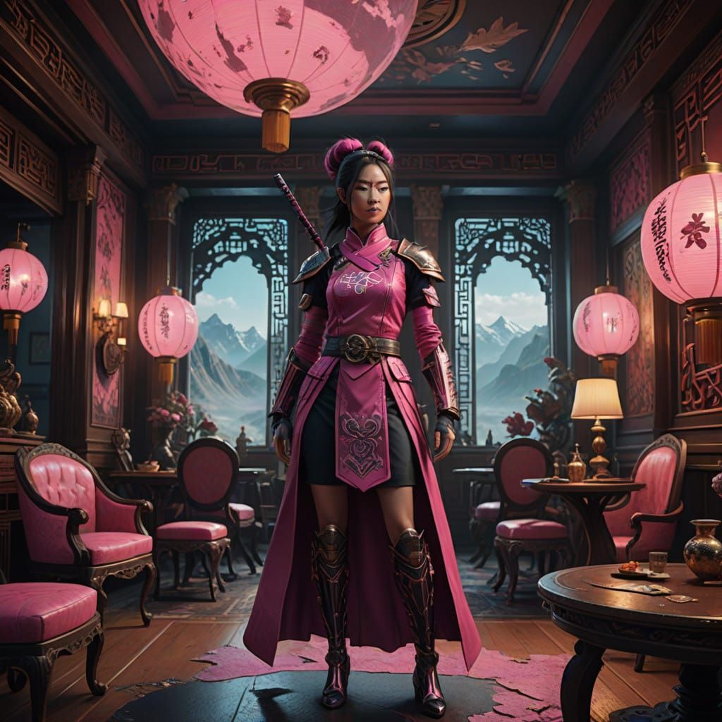 Vibrant Pink Ninja Goddess in Luxurious Dining Room