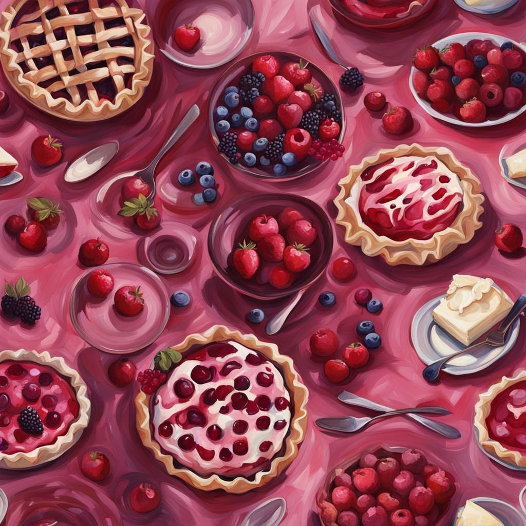 Still Life of Berry Pies in Pink and Red