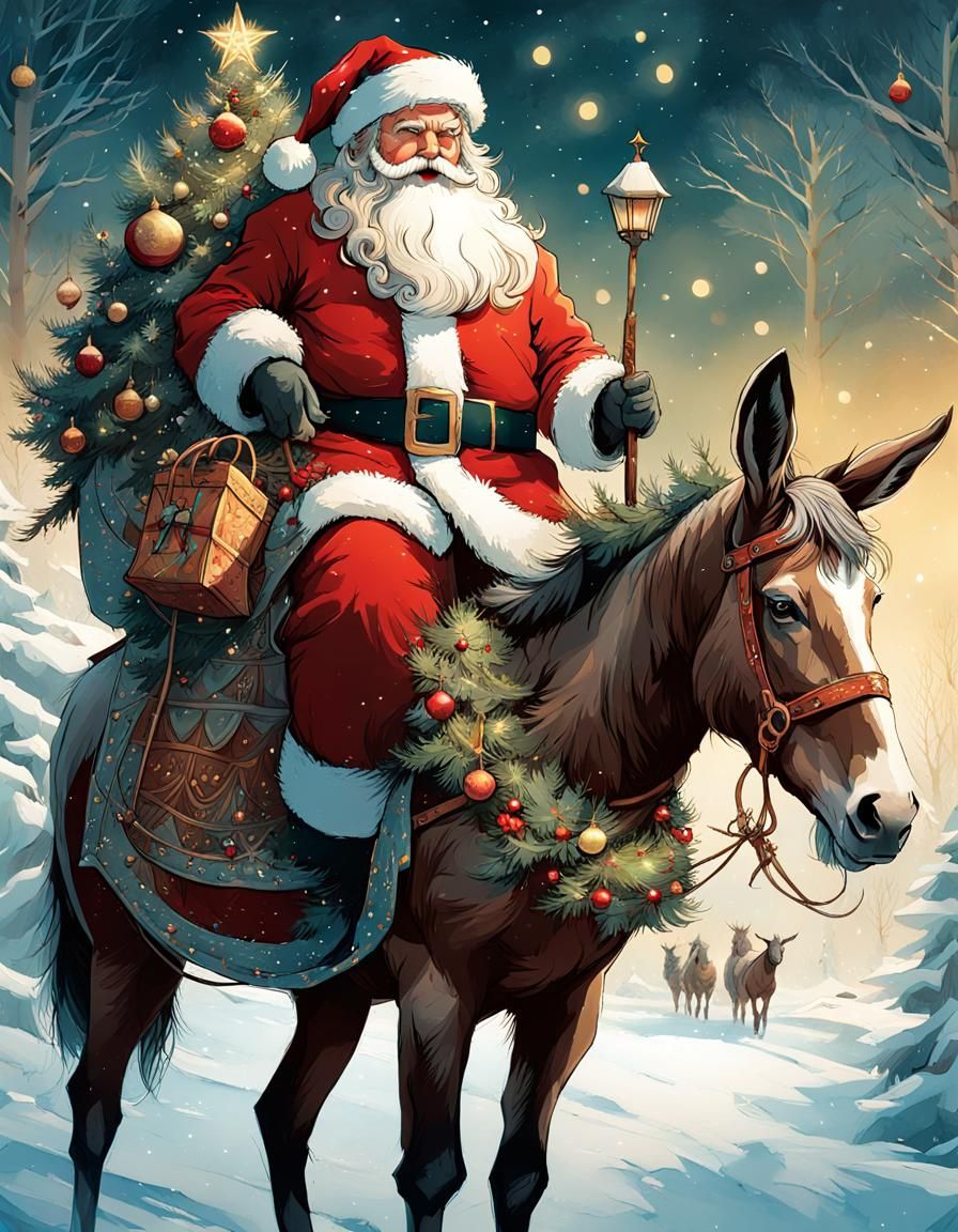 Santa on Donkey with Christmas Tree