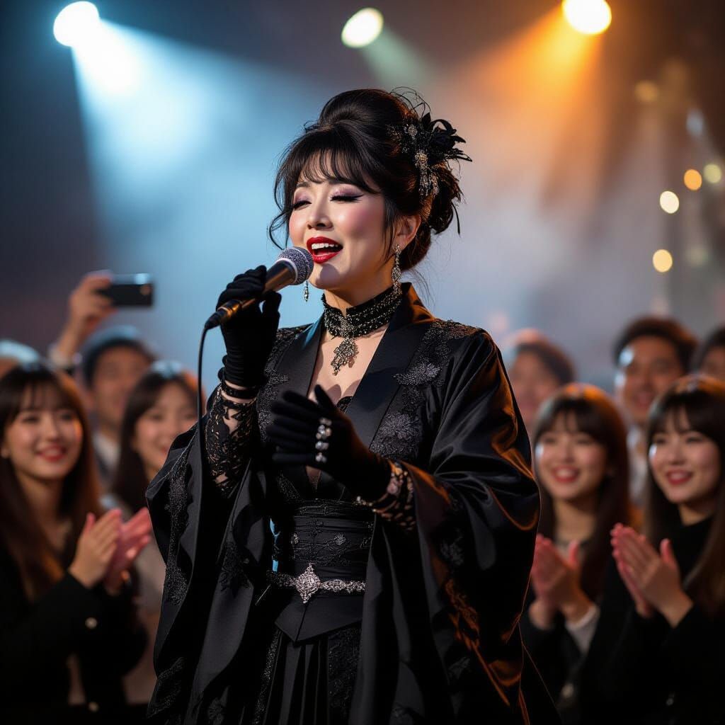 Gothic Japanese Singer on Stage with Bokeh Lighting