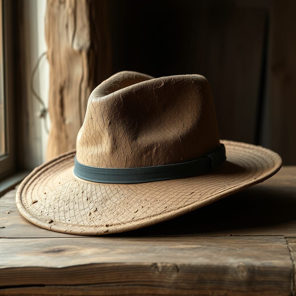 Mud Fedora Hat Still Life on Rustic Table
