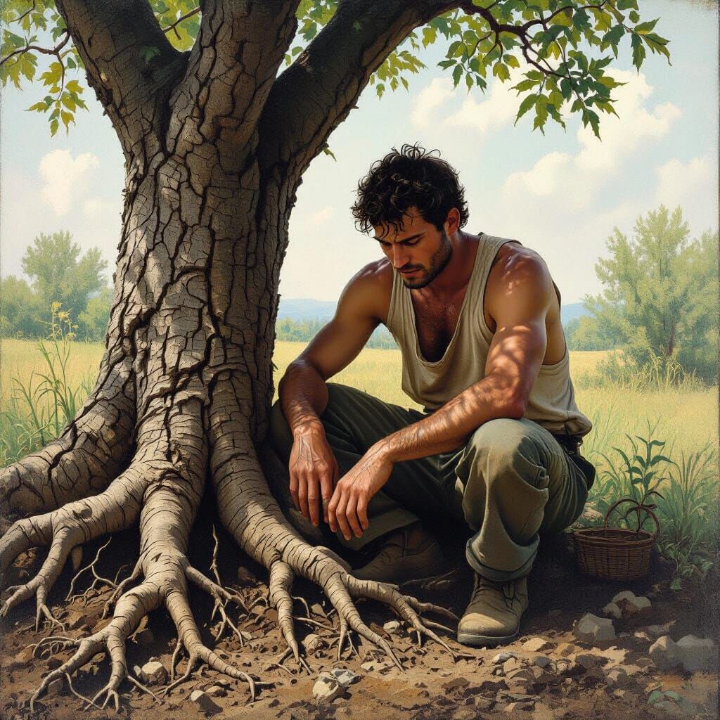 Gardener Resting Under Tree in Realistic Style