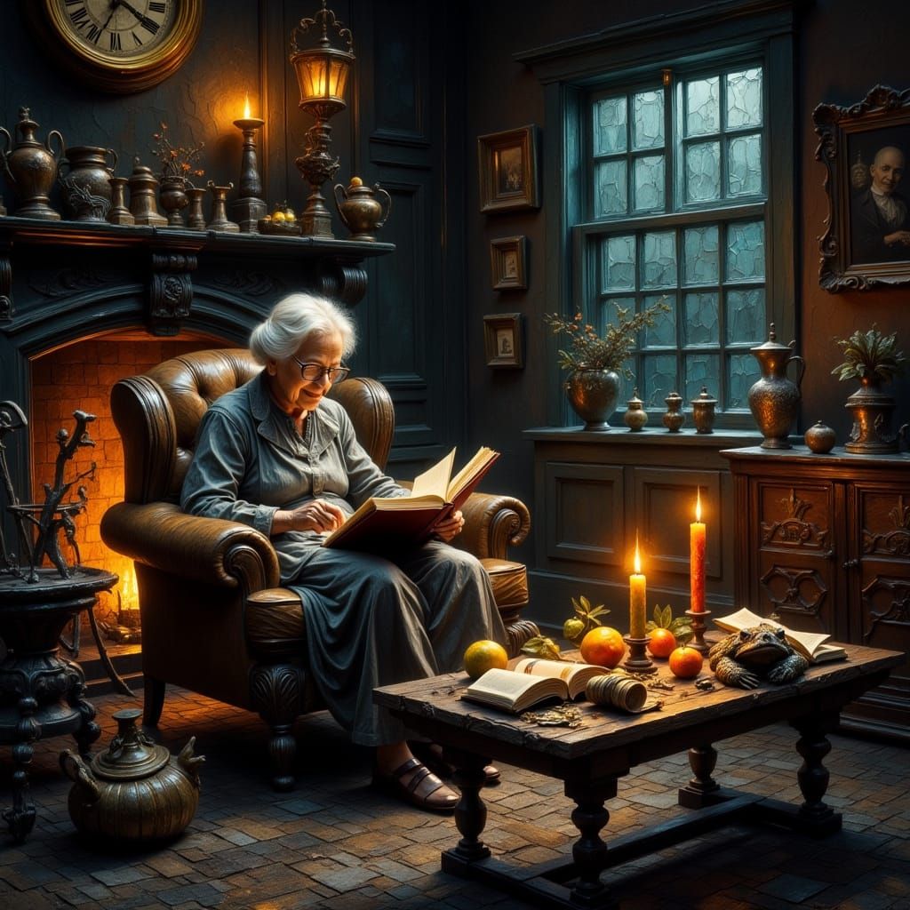 Elderly Woman Reading by Firelight with Cane Toad