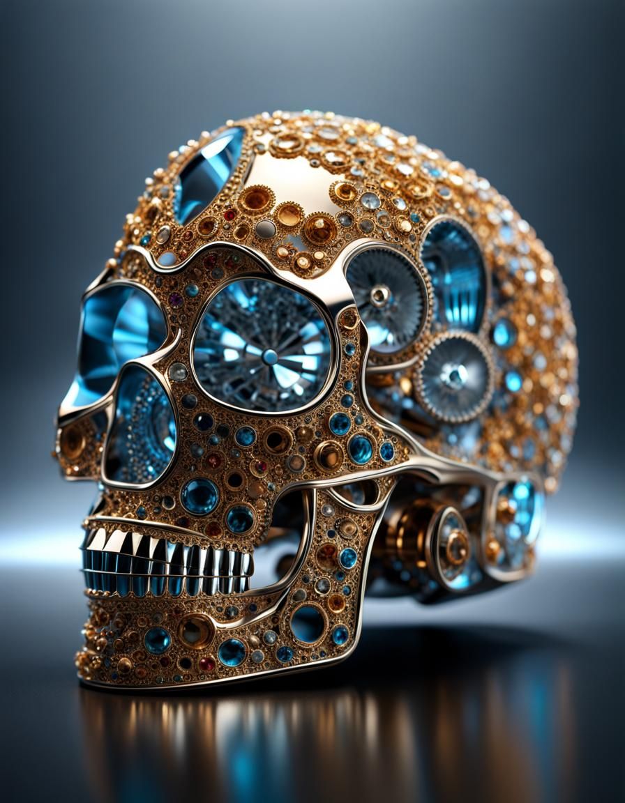 Jewel-Encrusted Clockwork Skull: Detailed CGI Rendering