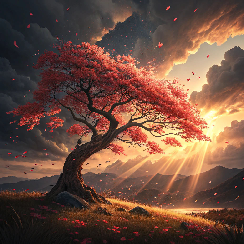 Red Sakura Tree at Golden Sunset