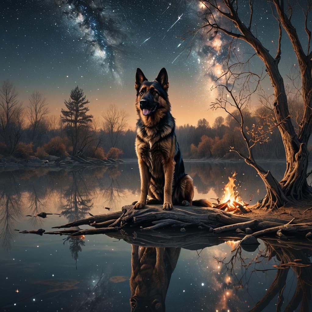 German Shepherd Campfire Fantasy Art