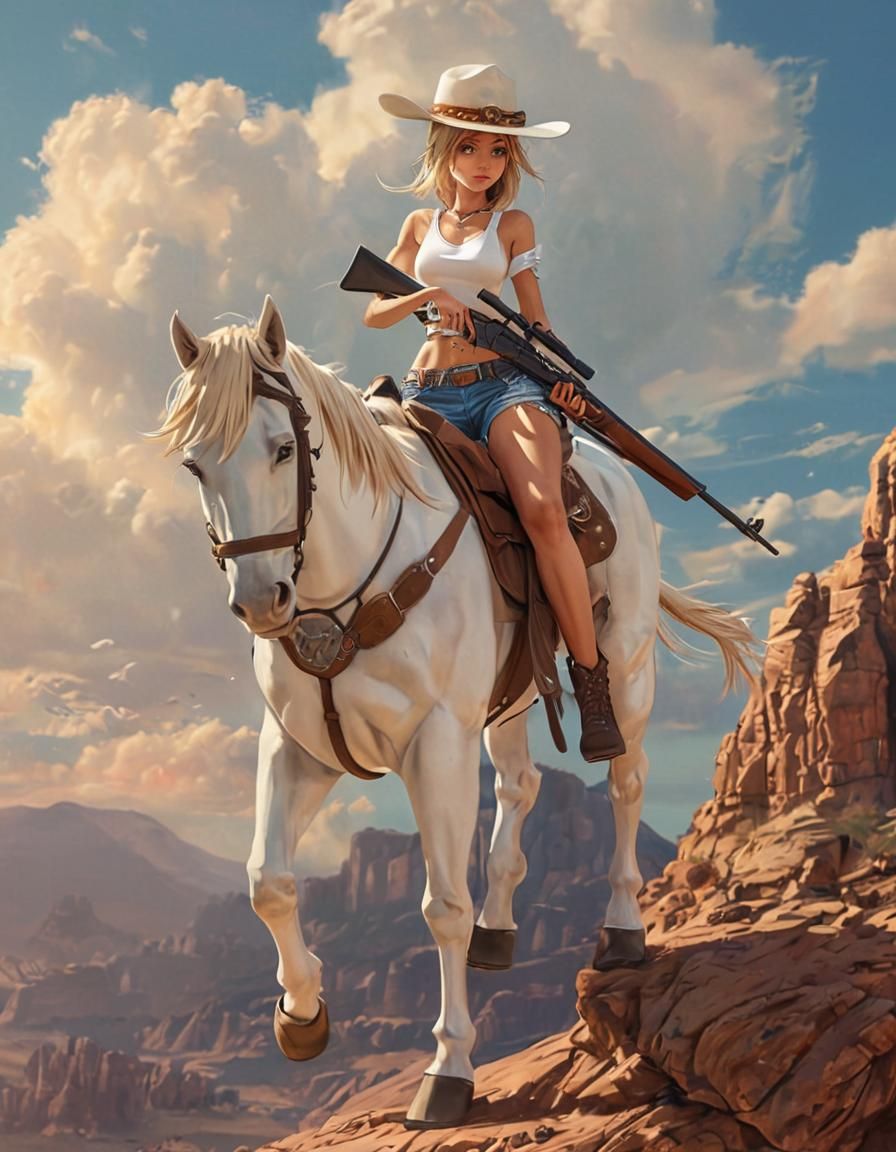 Anime Girl Rides Horse in Desert Landscape