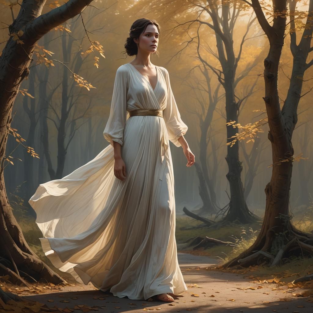 Brunette in White Gown: Matte Painting Portrait