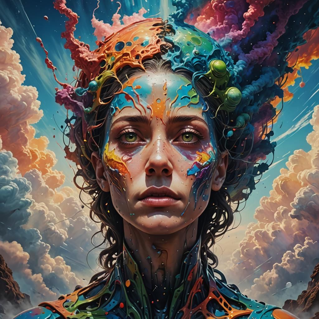 Dramatic Skyward Gaze in Hyperrealistic Splash Art