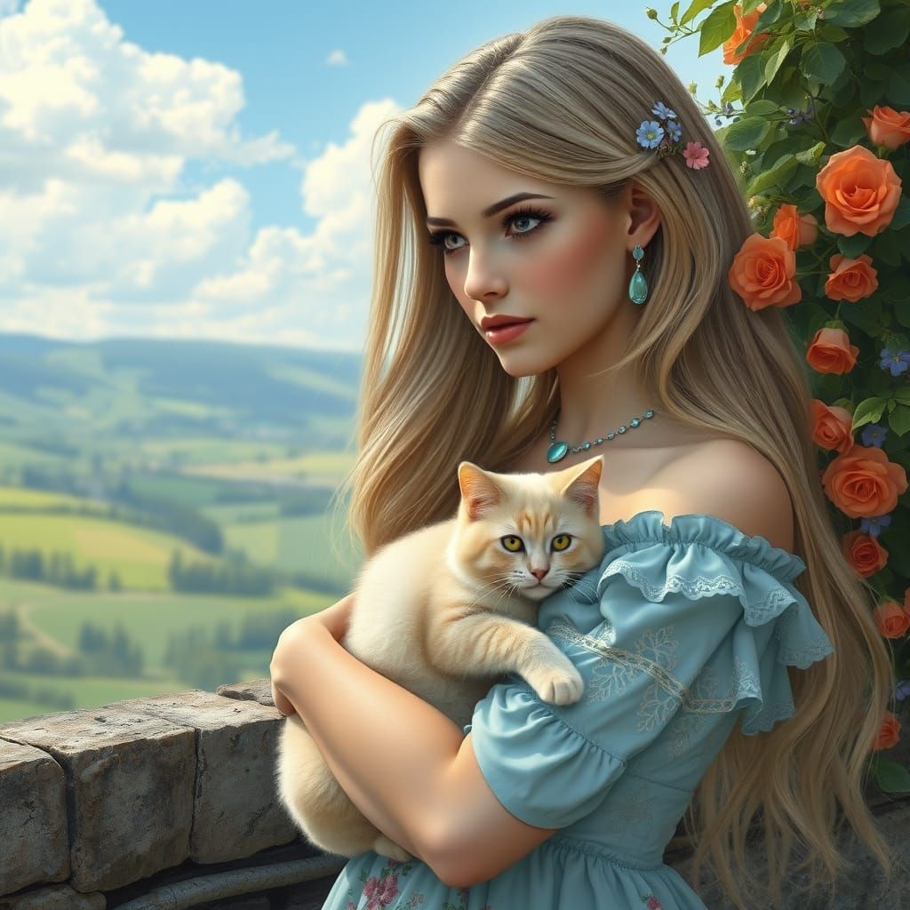 Ethereal Portrait of a Young Woman and Her Gentle Cat