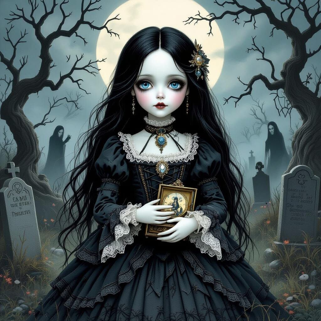 Porcelain Doll in Graveyard, Surrealist Art Style