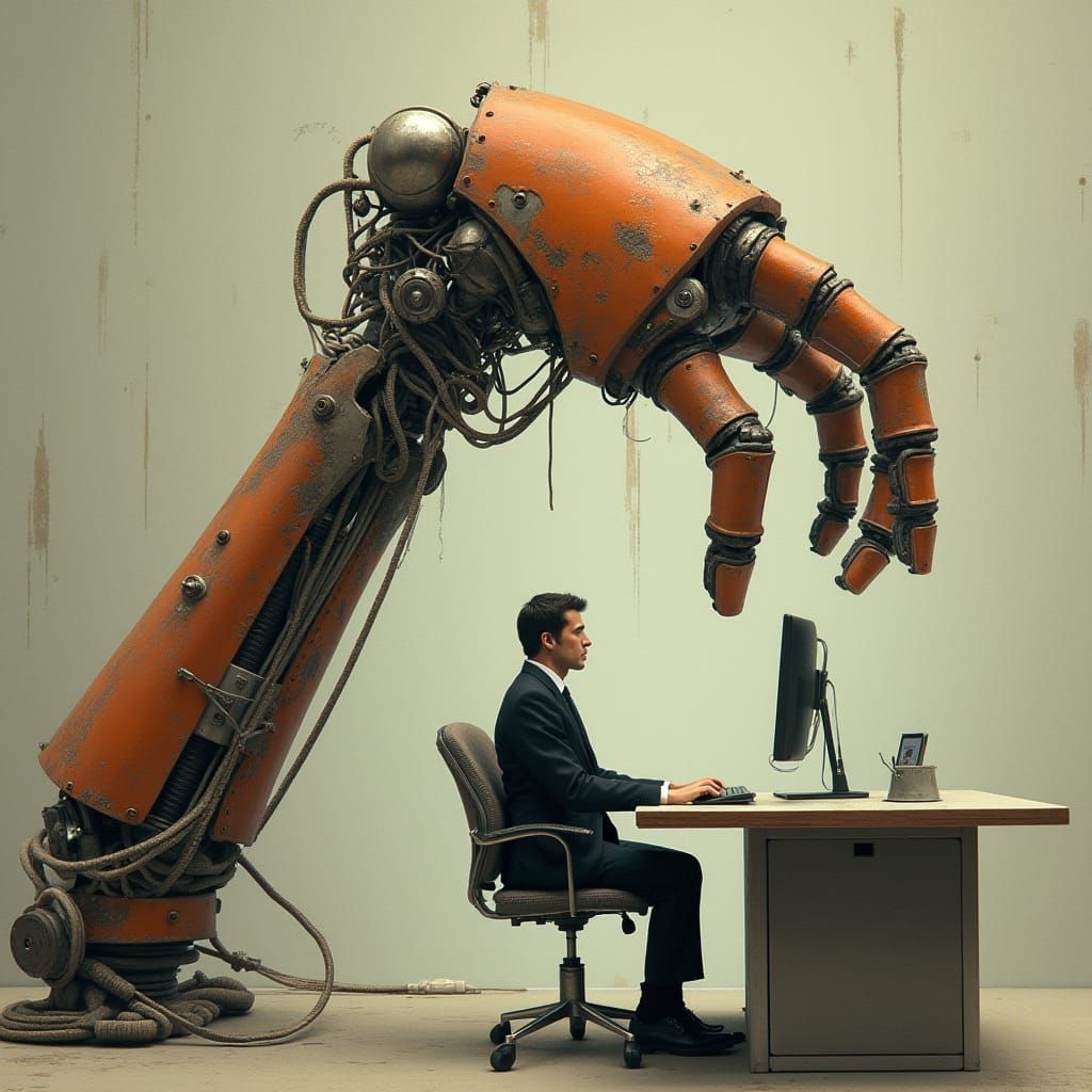 Tiny Human Lifted by Robotic Hand in Futuristic Scene