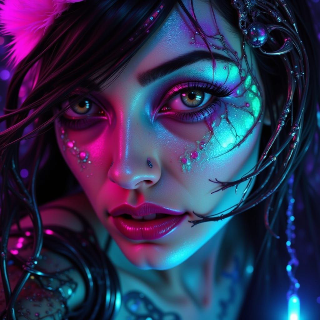 Surreal Woman Portrait: Bold Colors, Dark Dreamlike Style