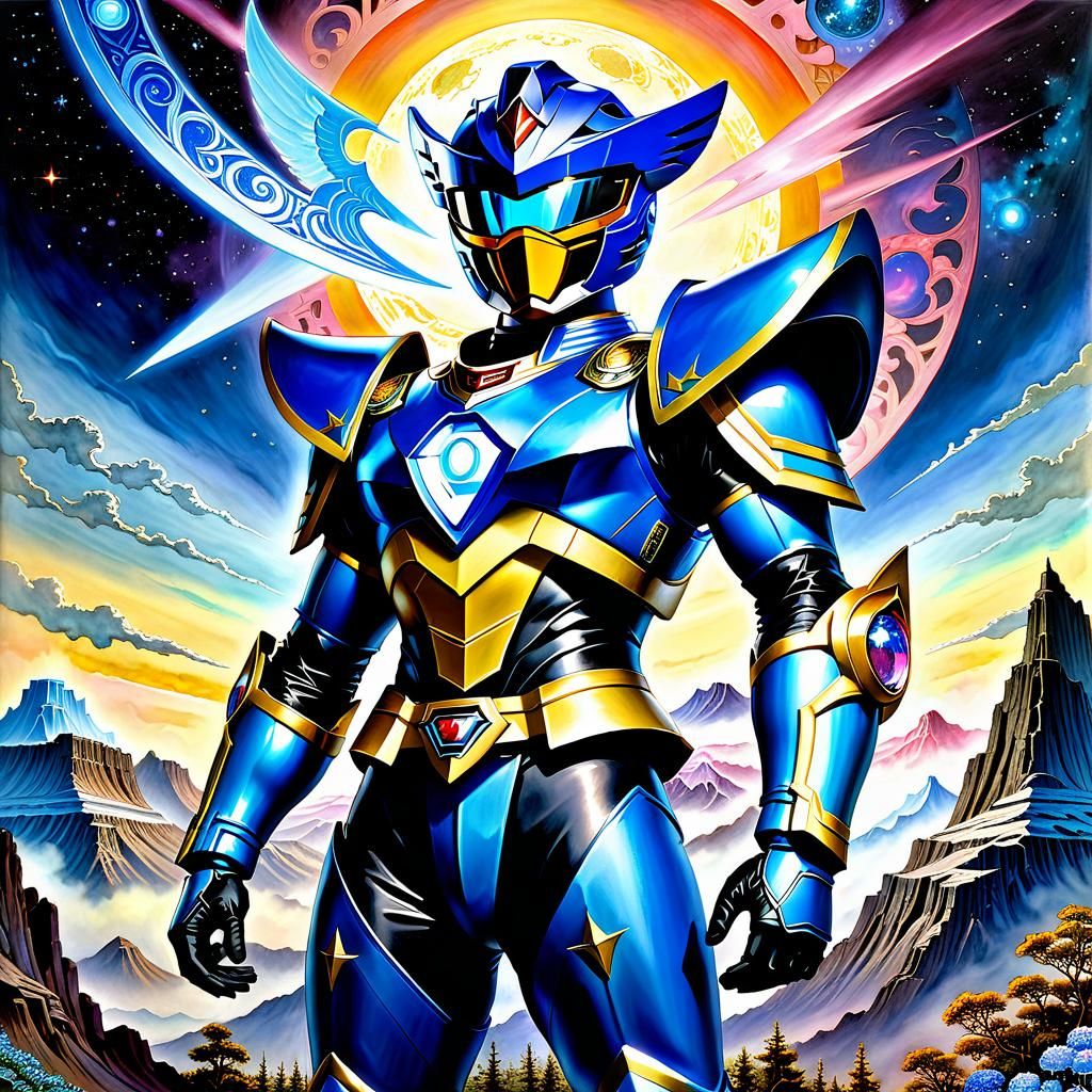 Blue Power Ranger and Megazord in Art Nouveau Style