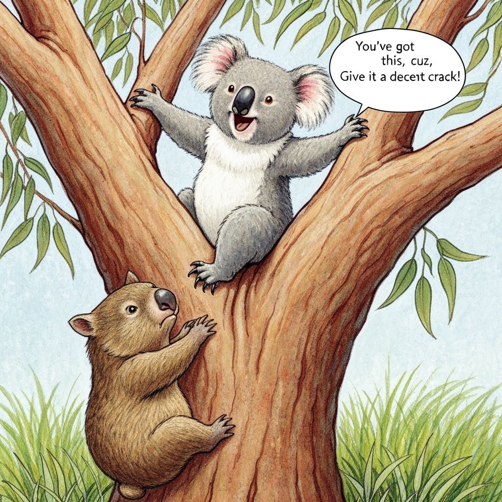Fluffy Koala Cheers Frustrated Wombat Up Gum Tree