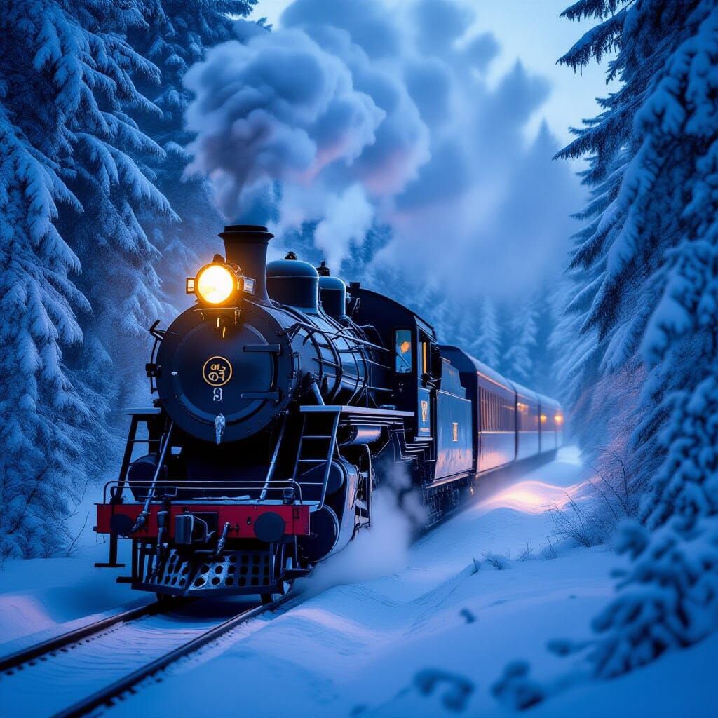 Vintage Steam Train in Snowy Forest