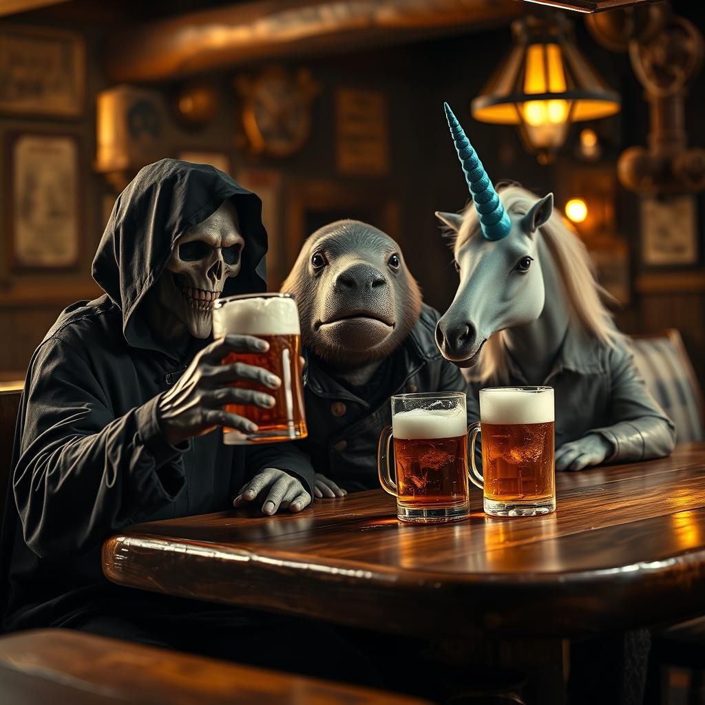 The Grim Reaper, Walrus, and Unicorn in a Pub