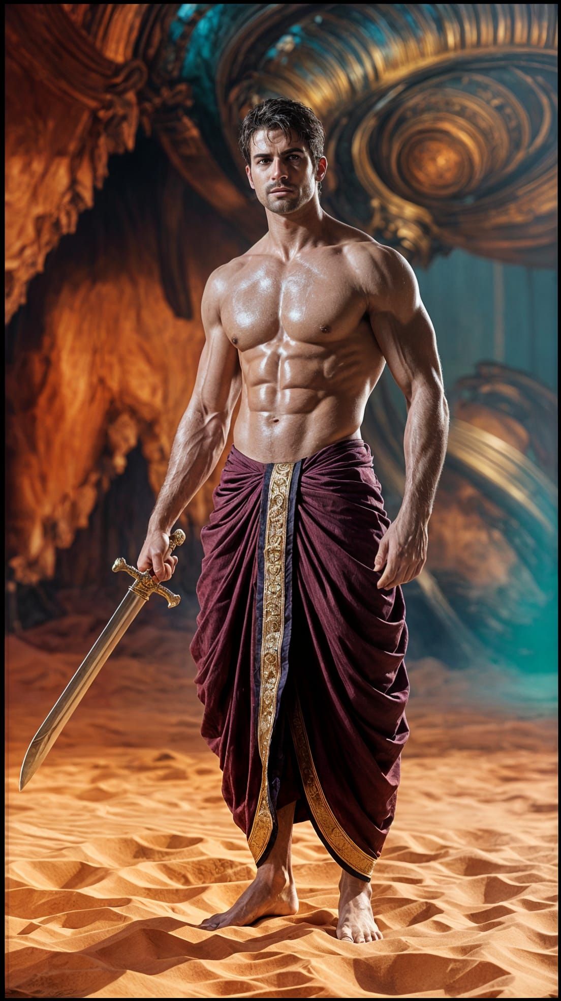 Handsome Rajasthani Man with Sword in Desert Scene