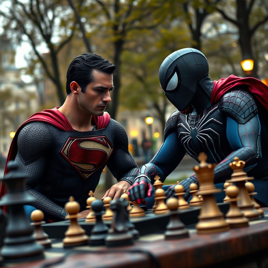 Superman and Spiderman in a New York Park Chess Match