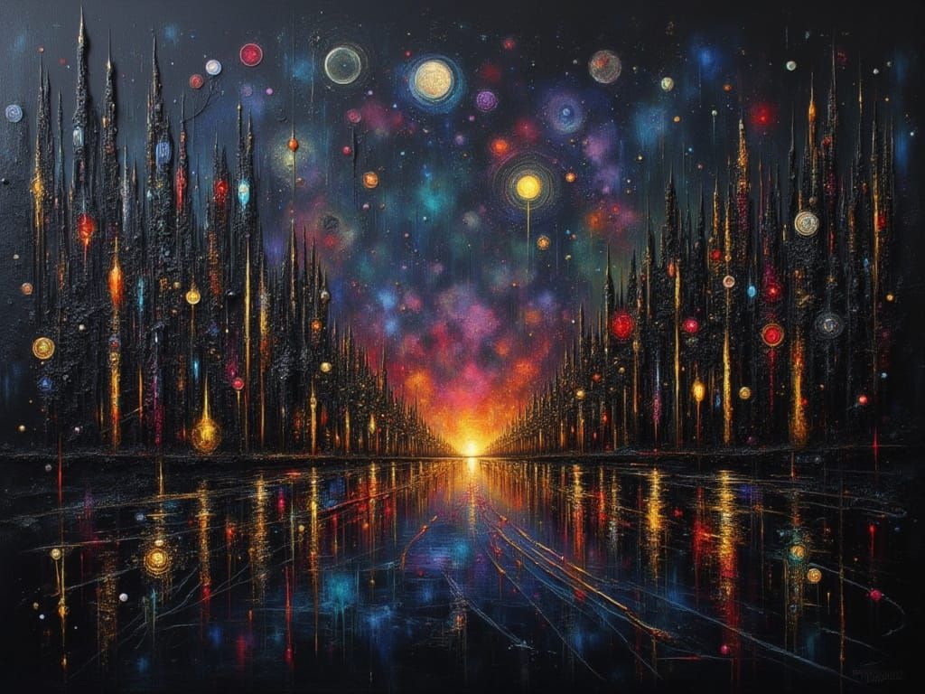 Abstract Cityscape at Night in Ethnographic Art Style