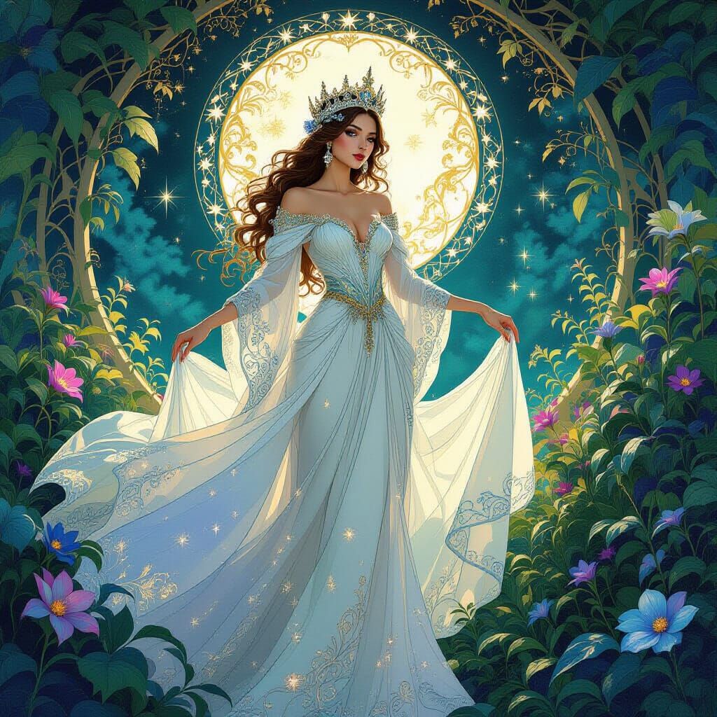 Ethereal Queen in Iridescent Garden as Digital Painting