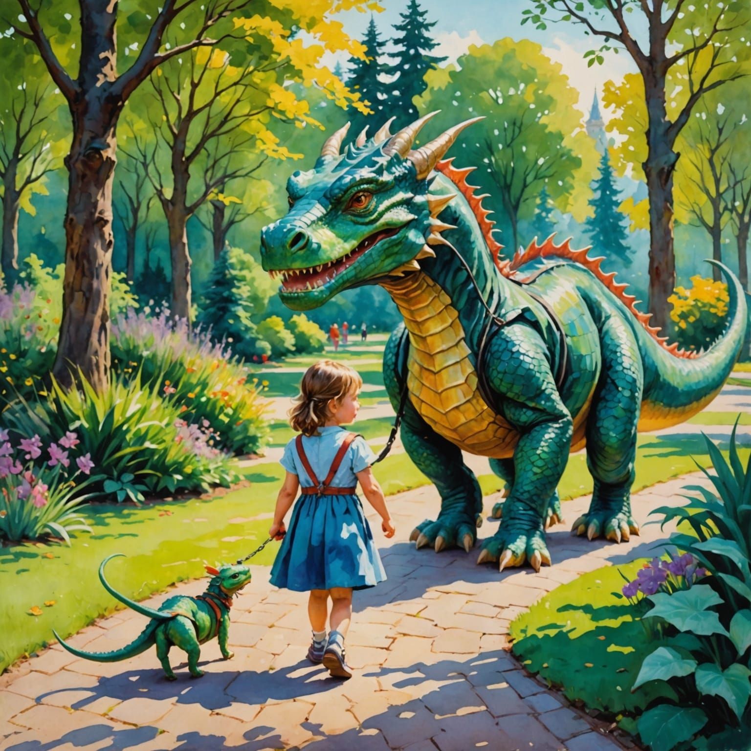 Little Girl and Dragon Stroll through a Park in Epic Impress...