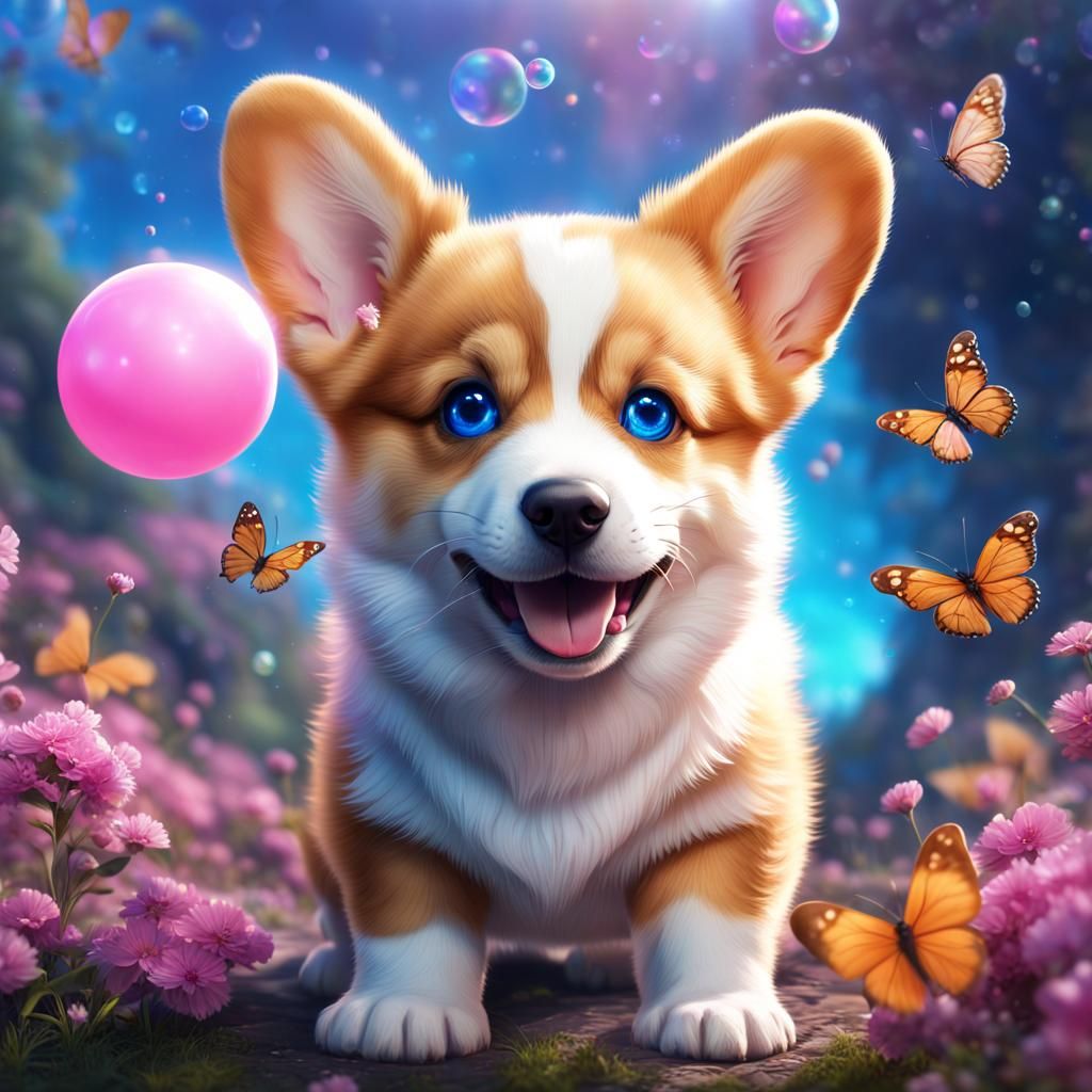 Corgi Puppy with Bubbles and Butterflies