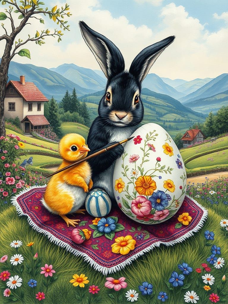 Chick and Bunny Painting Easter Egg, Charcoal Drawing