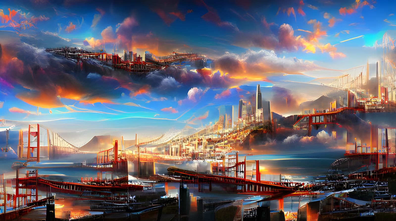 High-tech modern and futurist city of San Francisco at beautiful sunrise