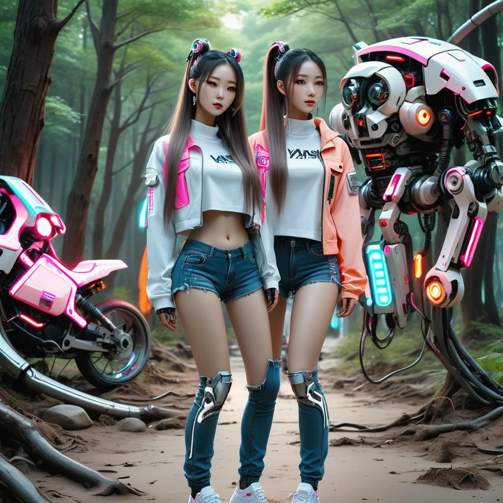 Cyberpunk Korean Robot Woman with Ponytail