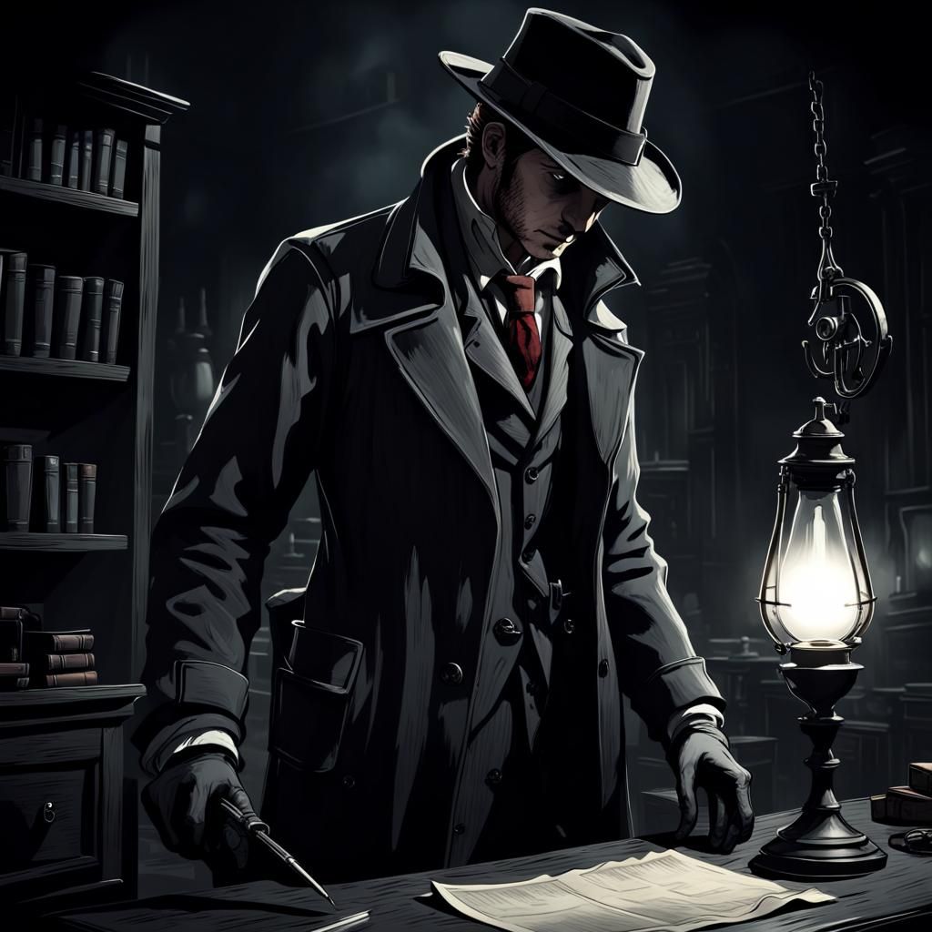 Noir Detective Solving Case in Bloodborne Style