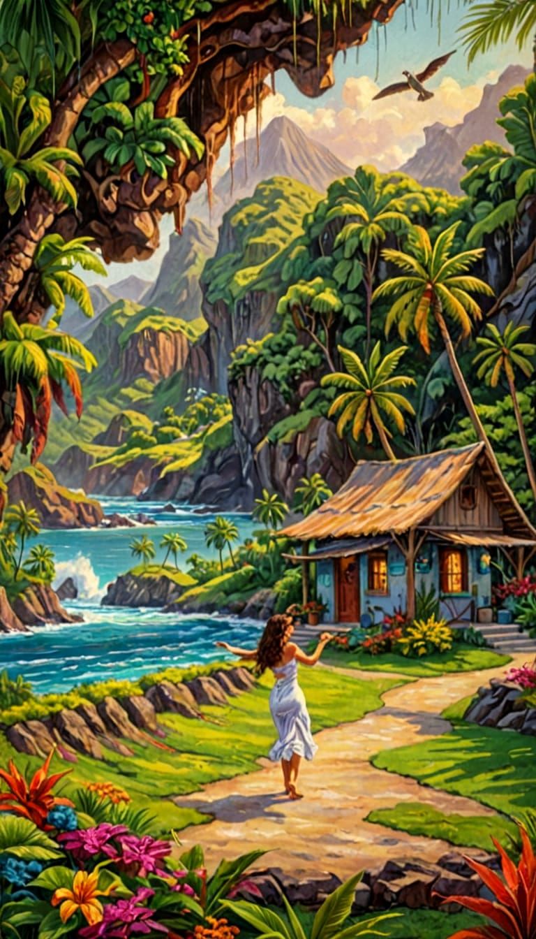 Hula Dancer at Cave Entrance with Tropical Scenery
