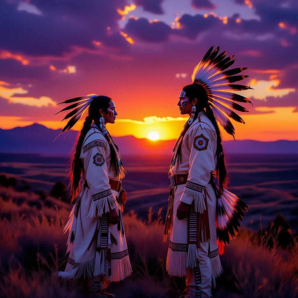 Native American Warrior at Sunset in Hyperrealistic Style