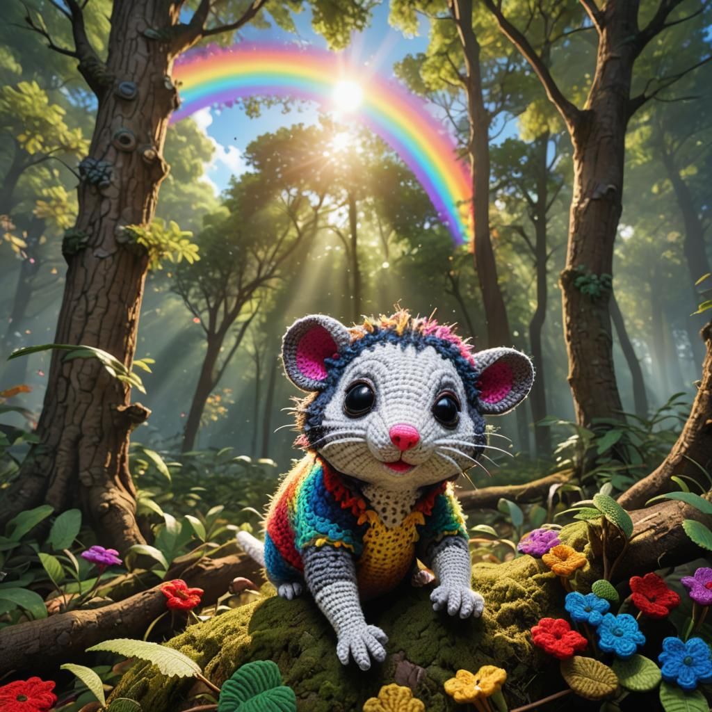Anime Crochet Opossum Gazing at Rainbow