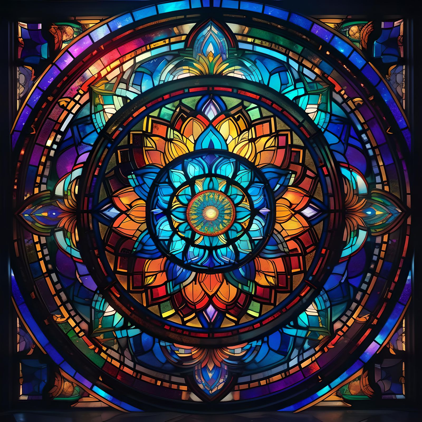 Stained Glass Mandala with Flowing Neon Colors