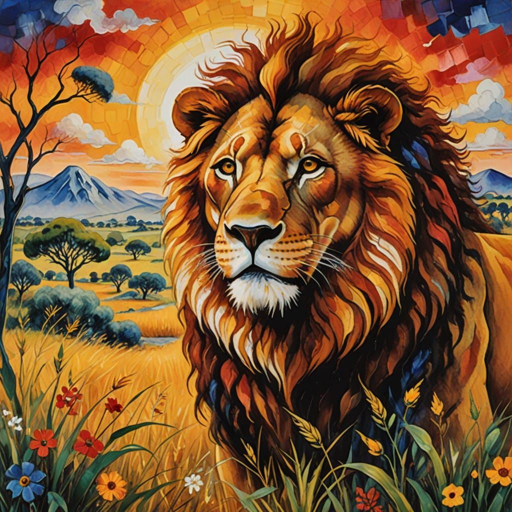 Majestic Lion in Traditional African Folk Art Style
