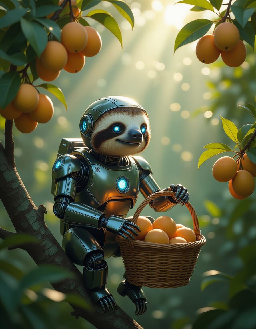 Robotic Sloth Harvests Fruit in Nostalgic Retrofuturist Orch...