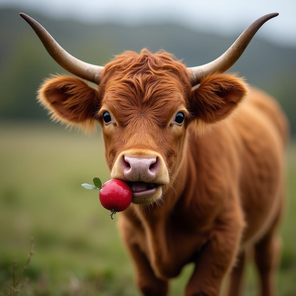 Photorealistic Baby Highland Cow Eating Fruit