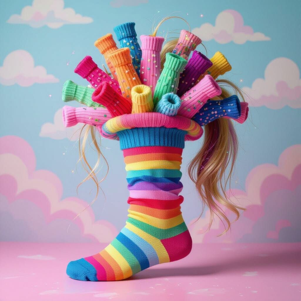 Neon Ponytail Bursting from Sock Crown as Pop Surrealism