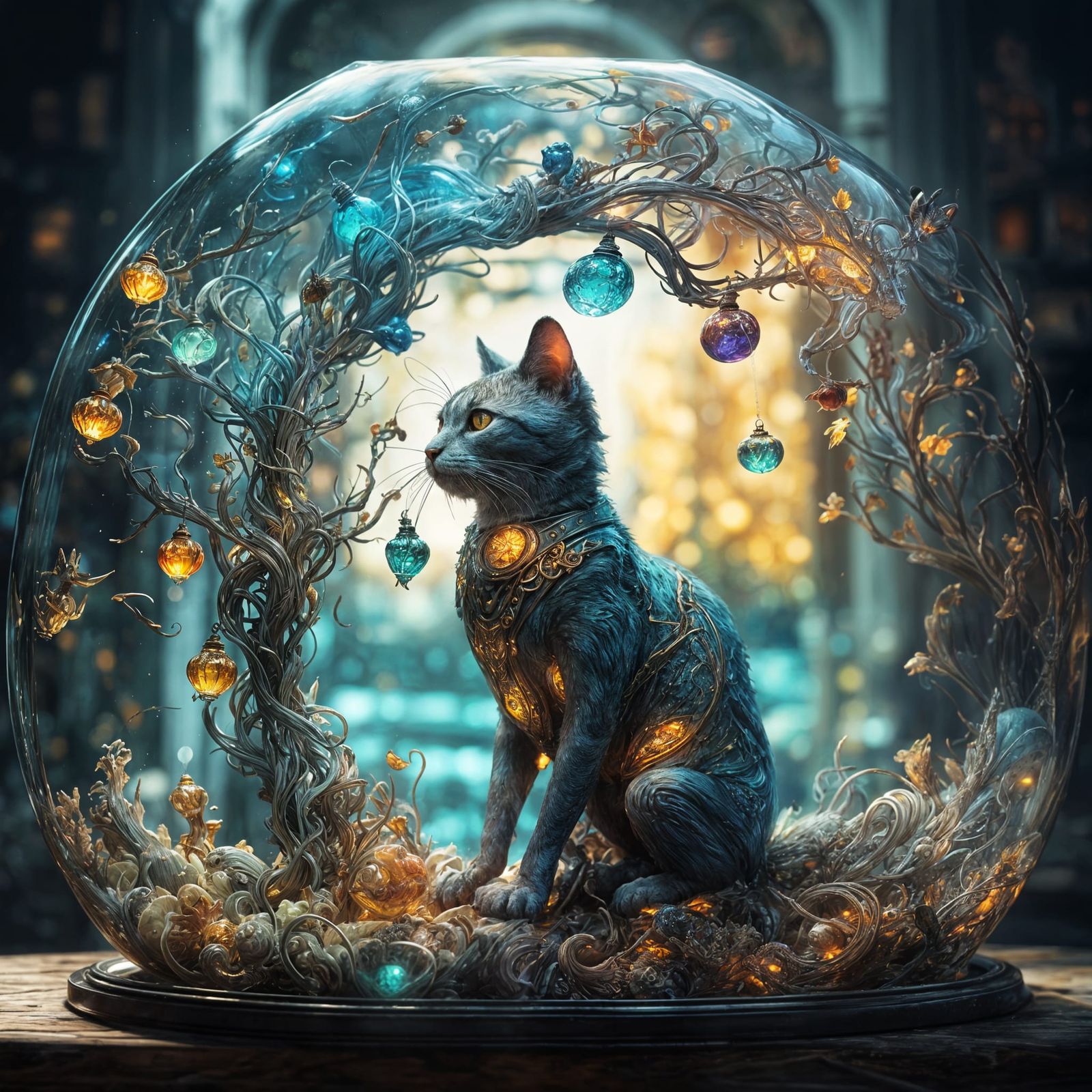 Illuminated Glass Cat Catching Fish, Digital Art