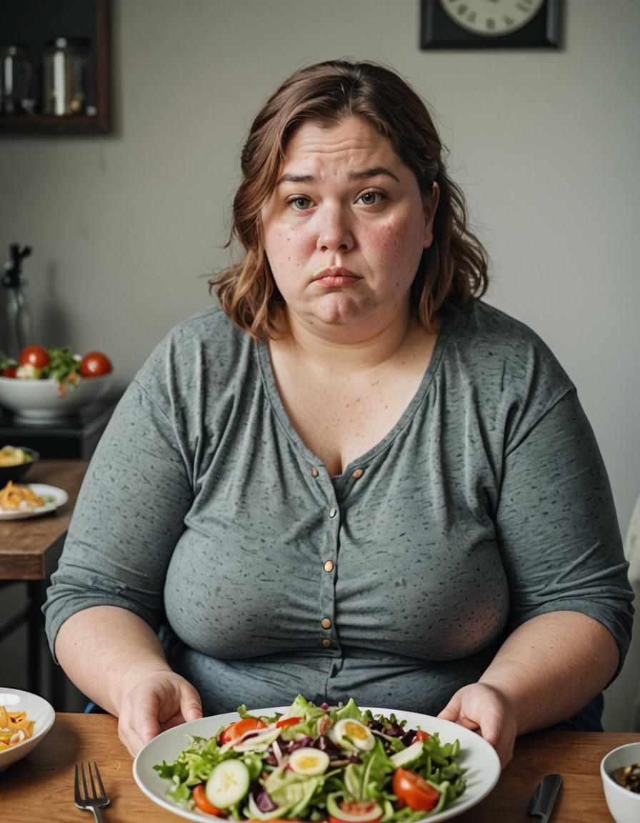 fat woman seated in front of a plate full of a salad with a sad face, Use a high-resolution 32k camera, raw style