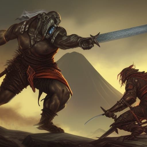 Fiendish Orc Warrior Near Volcano: Fantasy Concept Art
