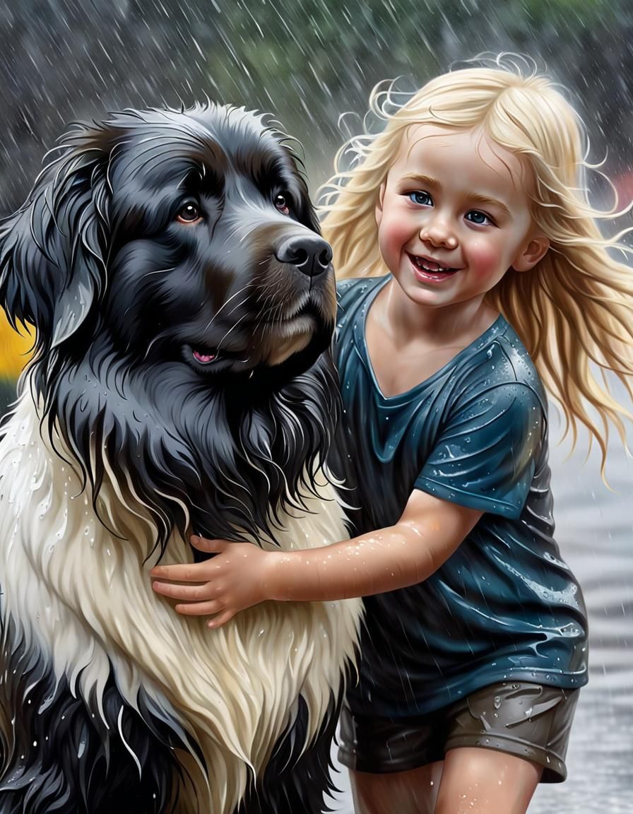 Child and Newfoundland Dog Playing in Rain