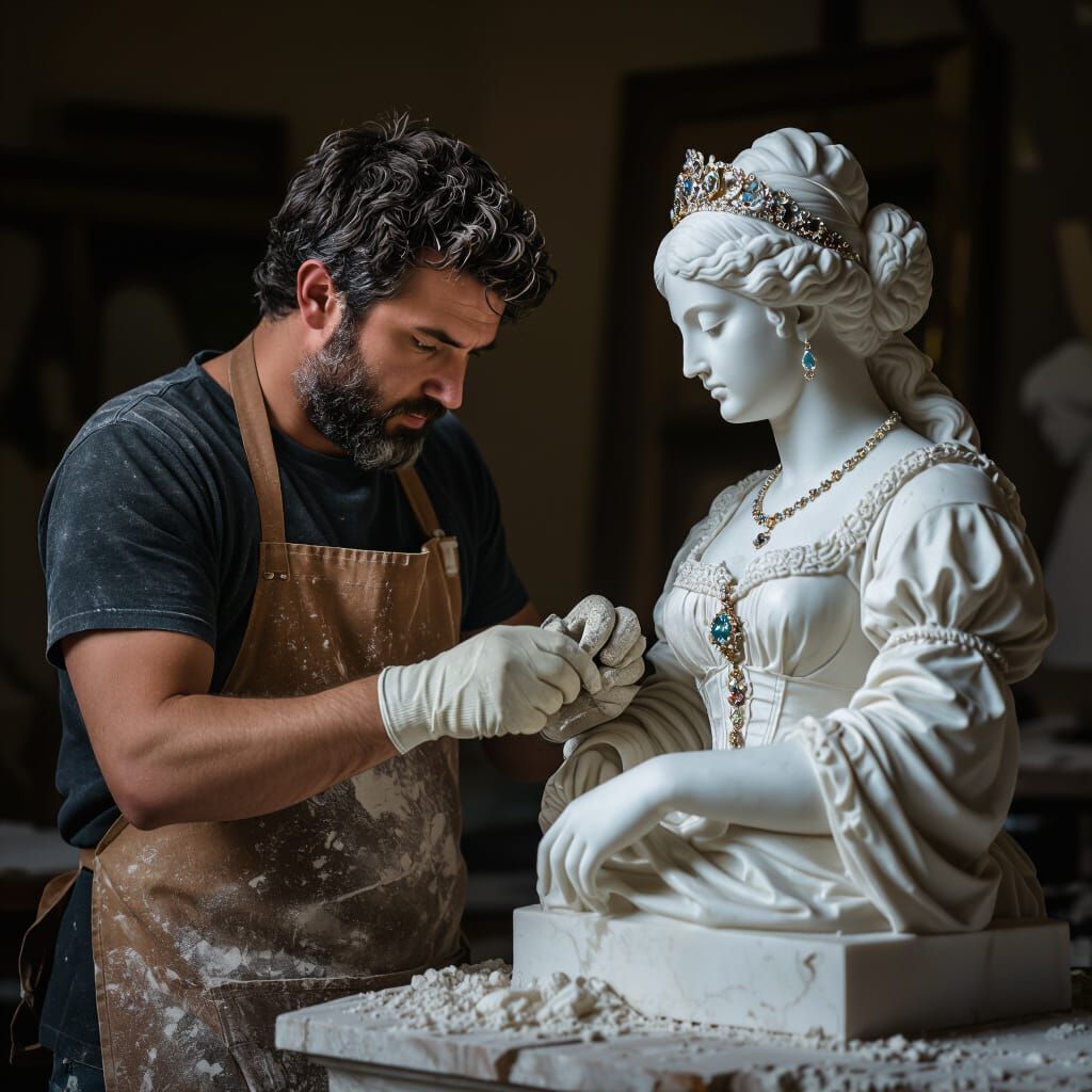 Sculptor Carving Marble Statue in Renaissance Style