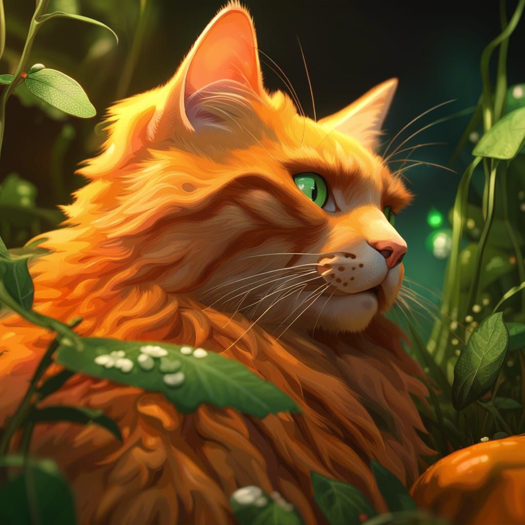 Orange Fluffy Cat with Green Eyes: Digital Art