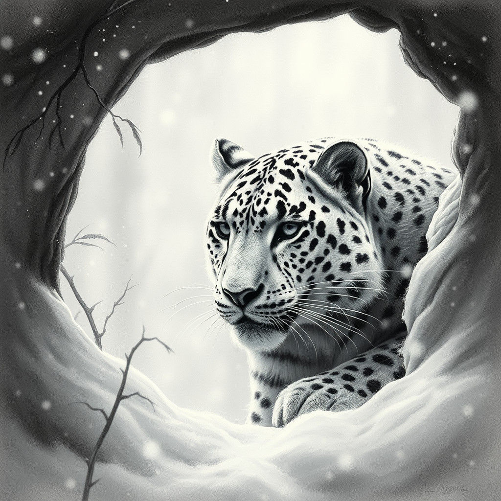 Majestic Snow Leopard in Mystical Snowstorm Scene