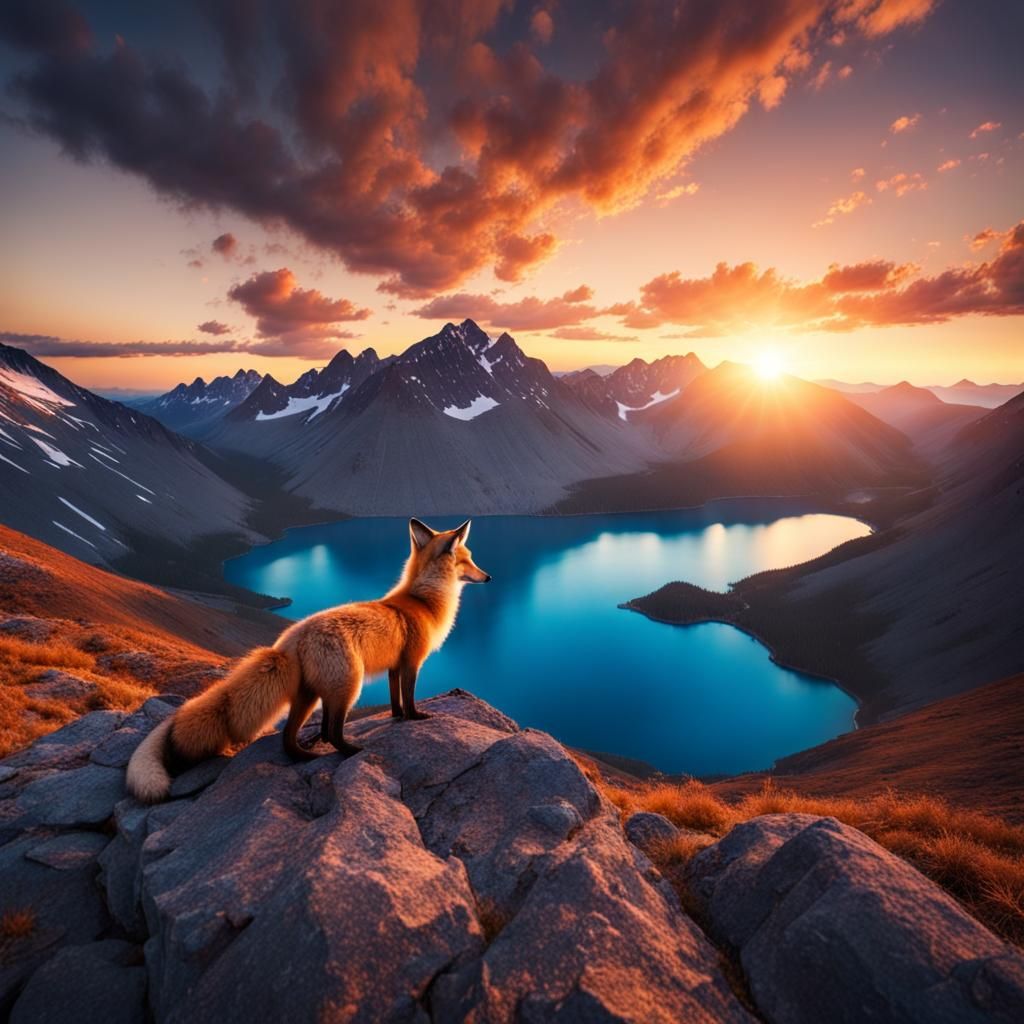 Sunset Over Mountain Range with Blue Lake and Fox