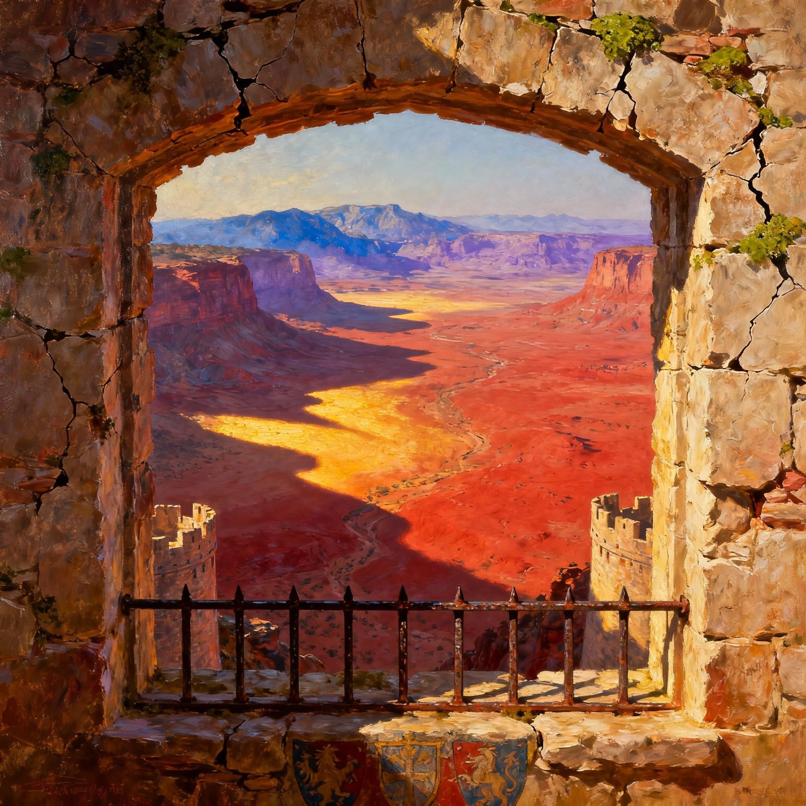 Castle Window View Over Red Desert Landscape